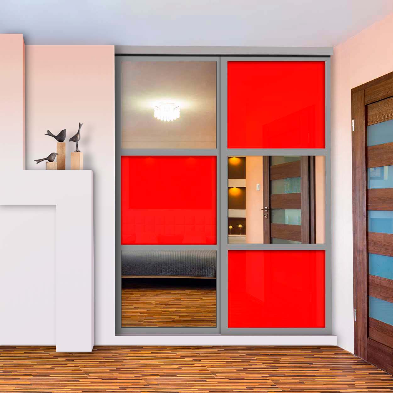 Puerta De Clóset De 2 Hojas - Vidrio Pintado Rojo y Espejo BMSC-1363